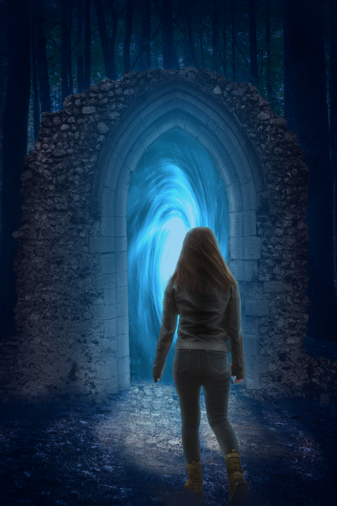 Woman entering magical portal